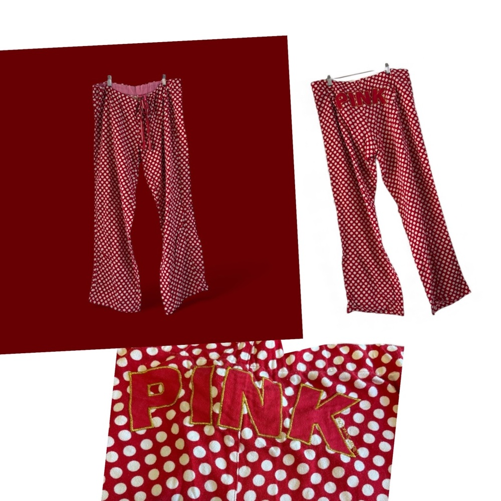 Y2K PINK VS Red Polka Dot Wide Leg Flannel Pajama Pants M